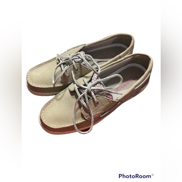 SPERRY TOP SLIDERS. Gray with pink and silver.  Size 5M. - Picture 3 of 5